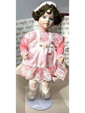 Ashton-Drake Galleries "Rose Marie" Porcelain Doll In Pink Dress & Lace Apron Wi